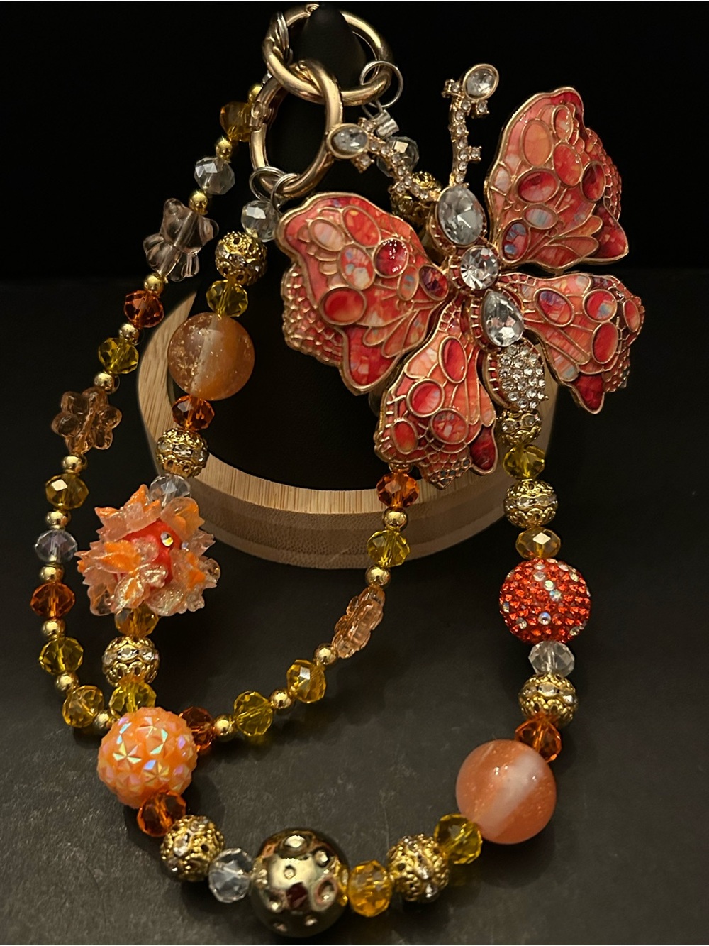 Beautiful Orange & Gold Crystal En Butterfly 🦋 Purse Necklace Charm Key Holder